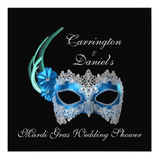 "Mardi Gras Wedding Shower" - Turquoise Mask w/ La Custom Announcement