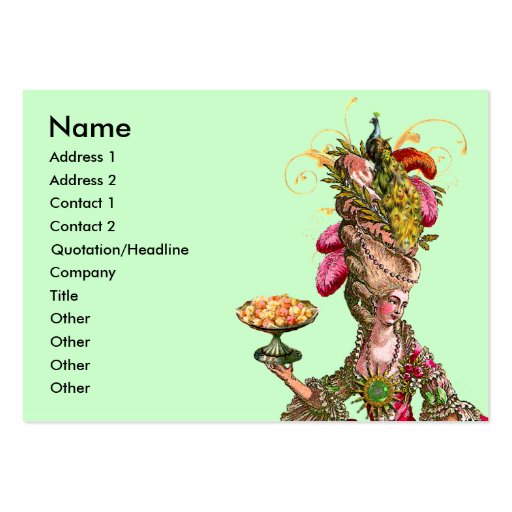 Marie Antoinette Cake & Peacock Business Card (front side)