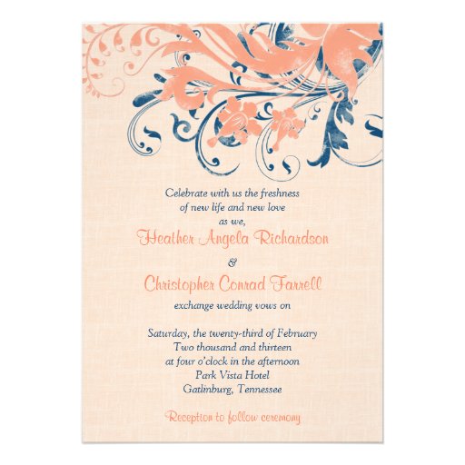 Marine Blue Coral Peach Floral Wedding Invitation (front side)