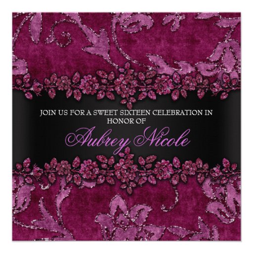 Maroon Faux Glitter & Velvet Floral Sweet Sixteen Personalized Invite