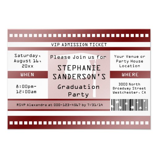 Maroon Graduation or Party Admission Ticket Custom Invitations (front side)