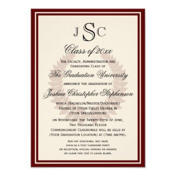 Maroon Monogram Laurel Classic College Graduation 4.5x6.25 Paper Invitation Card by CustomInvites at Zazzle