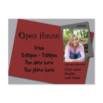maroon (red) and grey open house invitation postcards