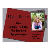maroon (red) and grey open house invitation post card