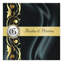 Marquis Black Silk Gold Scroll Pearl Invitation