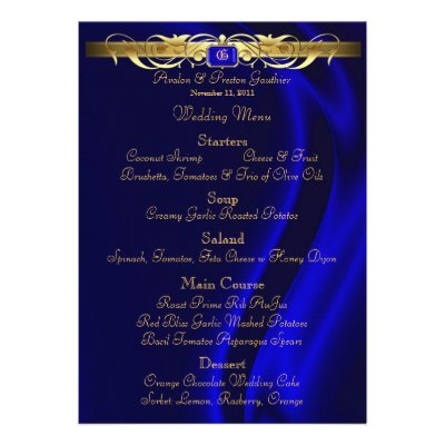 Marquis Blue Silk Gold Scroll Wedding Menu Custom Invitations