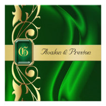 Marquis Green Silk Gold Scroll Emerald Invitation