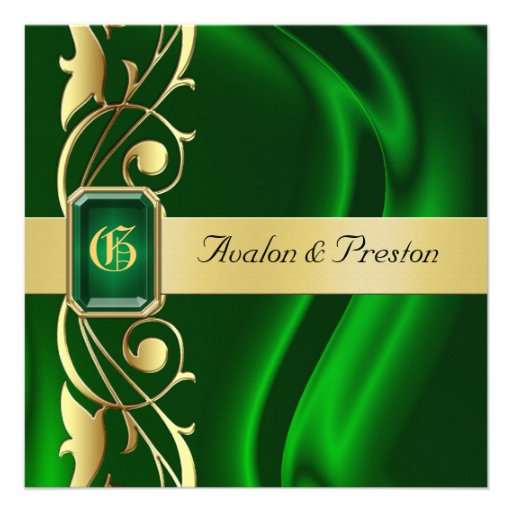 Marquis Green Silk Gold Scroll Emerald Invitation (front side)