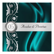 Marquis Teal Silk Silver Scroll Pearl Invitation