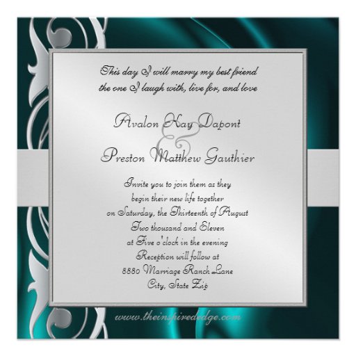 Marquis Teal Silk Silver Scroll Pearl Invitation