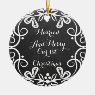 Married And Merry First Christmas Photo Chalkboard Double-Sided Ceramic Round Christmas Ornament