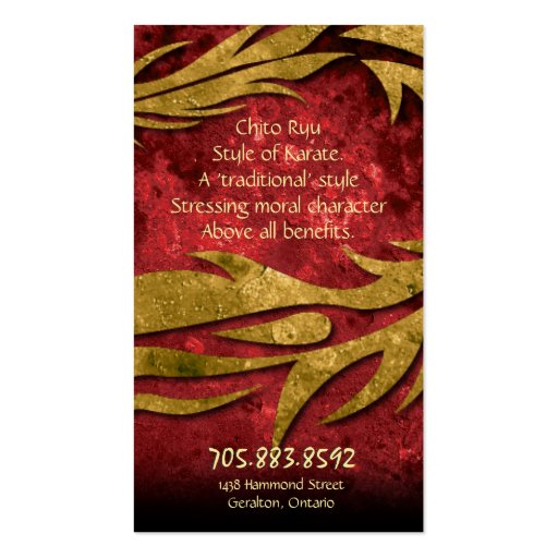 Martial Arts Karate Business Card Golden Dragon (back side)