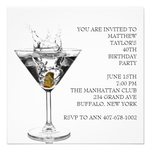 Martini Glass Mans 40th Birthday Party Announcements (front side)