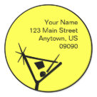 round_sticker - Martini Glass Silhouette Return Address Label (Yellow / Black)... These cocktail martini glass silhouette return address labels are perfect for many occassions.  Use them on your save the dates or the wedding invitations.  They are great for bachelorette party or bridal shower invitations  These customizable labels are just waiting for you to enter your information.  Design features a silhouette of a cocktail in a martini glass.  See WindyCityStationery.com for our complete line of "Martini Glass Silhouette" return labels in many colors as well as our matching Save the Dates, Invitations, and Postage Stamps.