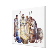 Mary, Joseph, and shepherds surrounding baby Jesus canvas prints