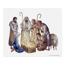 Mary, Joseph, and shepherds surrounding baby Jesus posters