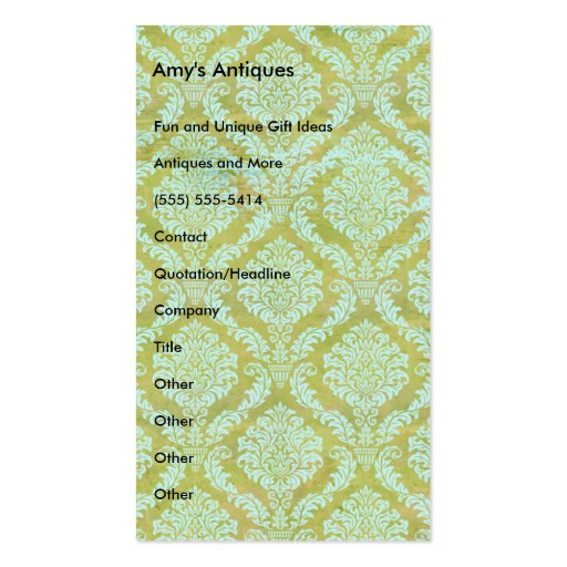 Mary On A Vintage Green and Blue Damask Pattern Business Card Template