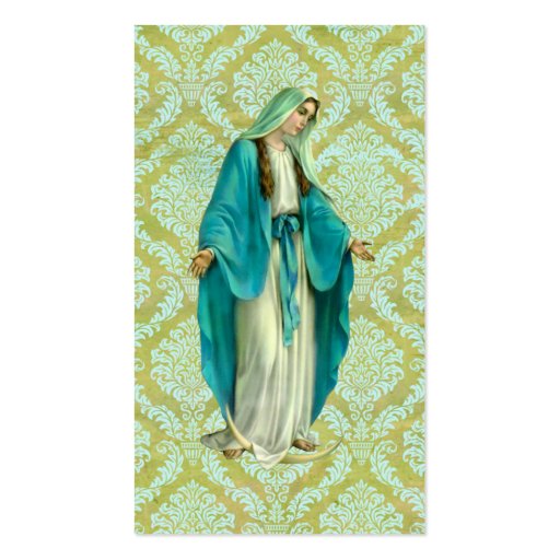 Mary On A Vintage Green and Blue Damask Pattern Business Card Template (back side)