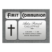 Masculine Silver Gray Pinstripes First Communion Personalized Invite