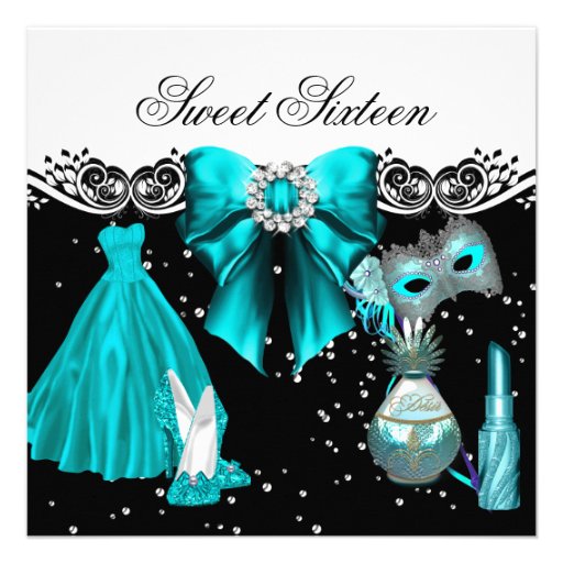Masked Teal Blue Sweet Sixteen Sweet 16 Party Announcements