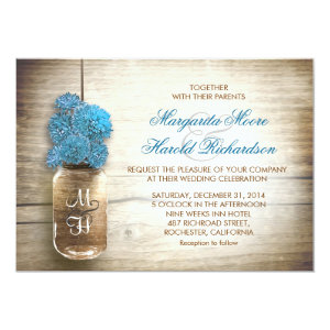 Mason jar and blue flowers wedding invitations