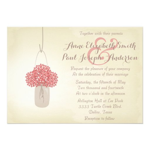 Mason jar and hydrangea rustic wedding invitations