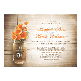 Mason jar and orange flowers wedding invitations cards