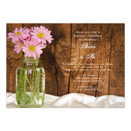 Mason Jar and Pink Daisies Country Bridal Shower Custom Invitations