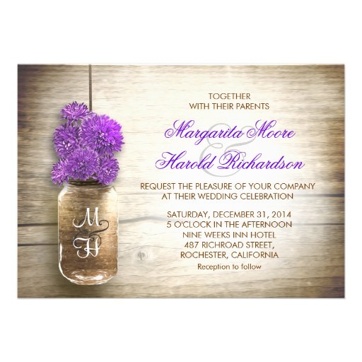 Mason jar and purple flowers wedding invitations