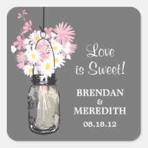 Mason Jar and White Daisies Wedding Square Sticker