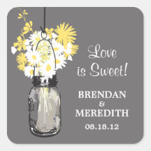 Mason Jar and White Daisies Wedding Square Sticker