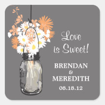 Mason Jar and White Daisies Wedding Square Stickers