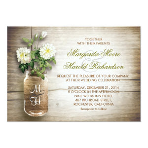 Mason jar and white flowers wedding invitations