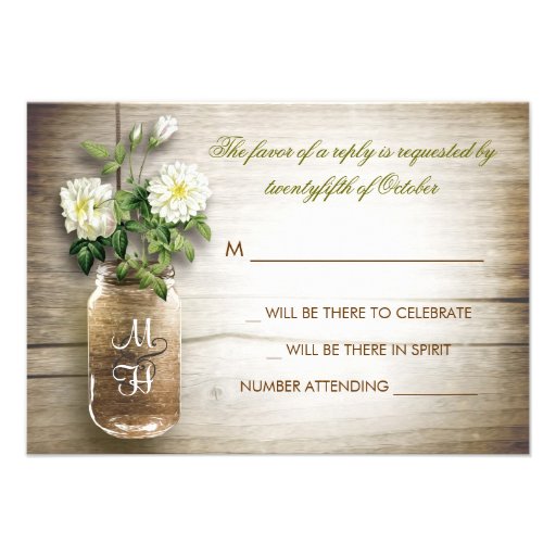 Mason jar and white flowers wedding RSVP card