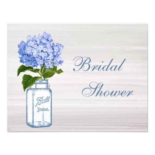 Mason Jar & Blue Hydrangea Grey Bridal Shower Custom Invitation