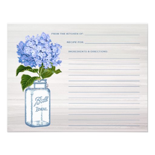 Mason Jar & Blue Hydrangea Grey Recipe Card