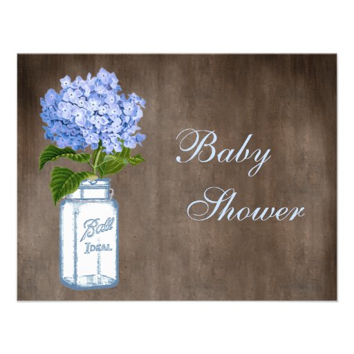 Mason Jar & Blue Hydrangea Rustic Baby Shower Personalized Invitations