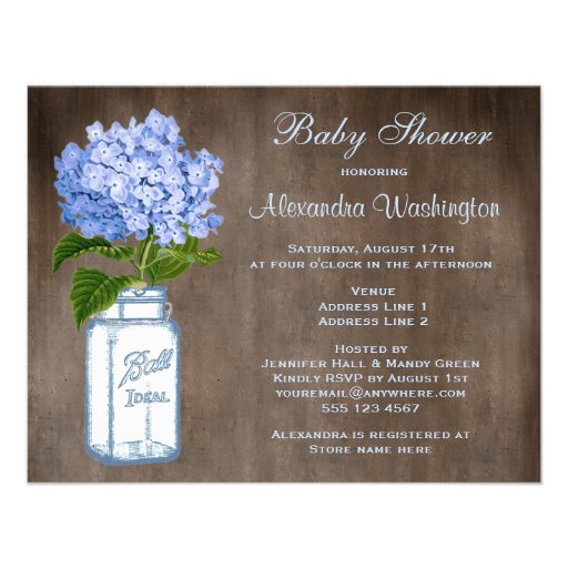 Mason Jar & Blue Hydrangea Rustic Baby Shower Personalized Invitations