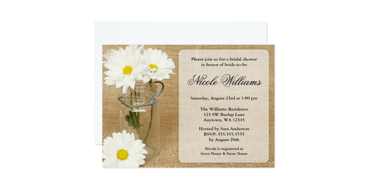 Mason Jar Burlap White Daisies Bridal Shower Card Zazzle
