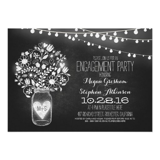 mason jar chalkboard & lights engagement party personalized invites (front side)