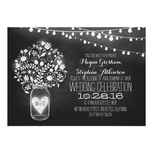 mason jar chalkboard string lights wedding invites (front side)