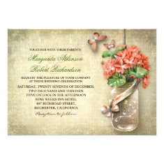 mason jar & coral flowers rustic wedding invites