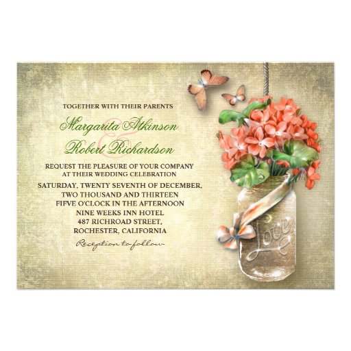 mason jar & coral flowers rustic wedding invites (front side)