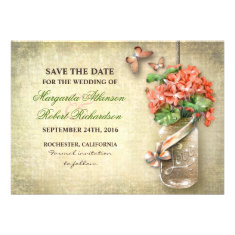 mason jar & coral flowers save the date cards