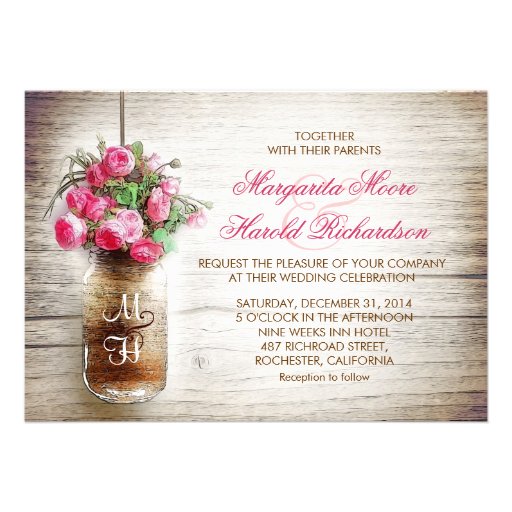 Mason jar & dark pink flowers wedding invites