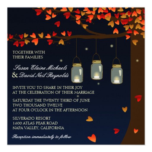 Mason Jar Fireflies Oak Tree Wedding Invite (front side)
