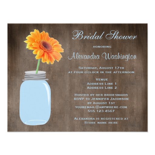 Mason Jar & Gerbera Daisy Rustic Bridal Shower Personalized Announcements