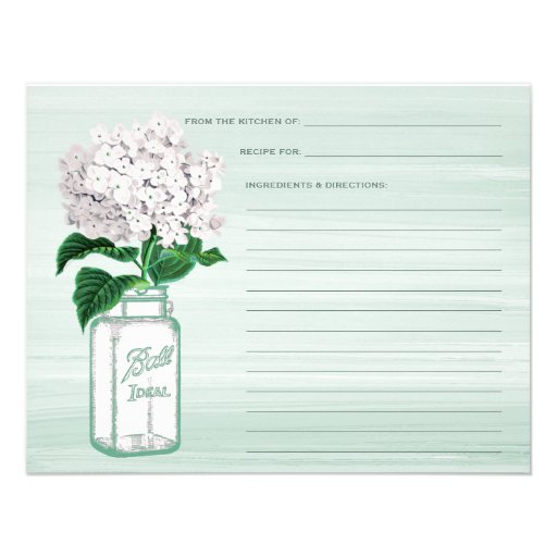 Mason Jar & Hydrangea Mint Green Recipe Card