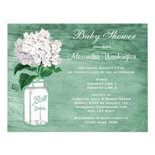 Mason Jar & Hydrangea Rustic Mint Baby Shower Personalized Invite
