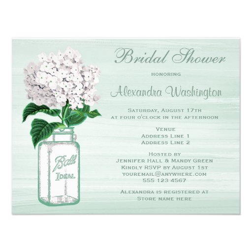Mason Jar & Hydrangea Rustic Mint Bridal Shower Custom Invitations